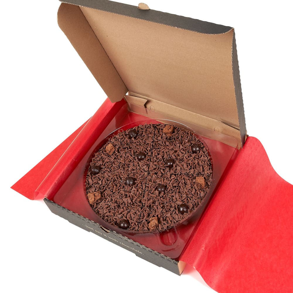 Delightfully Dark Chocolate Pizza Presented in a pizza box